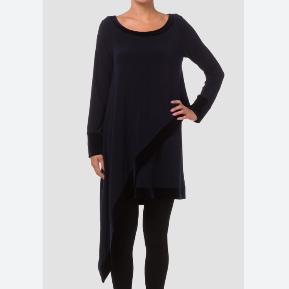 Joseph Ribkoff black asymmetrical tunic with velour trim size 20
